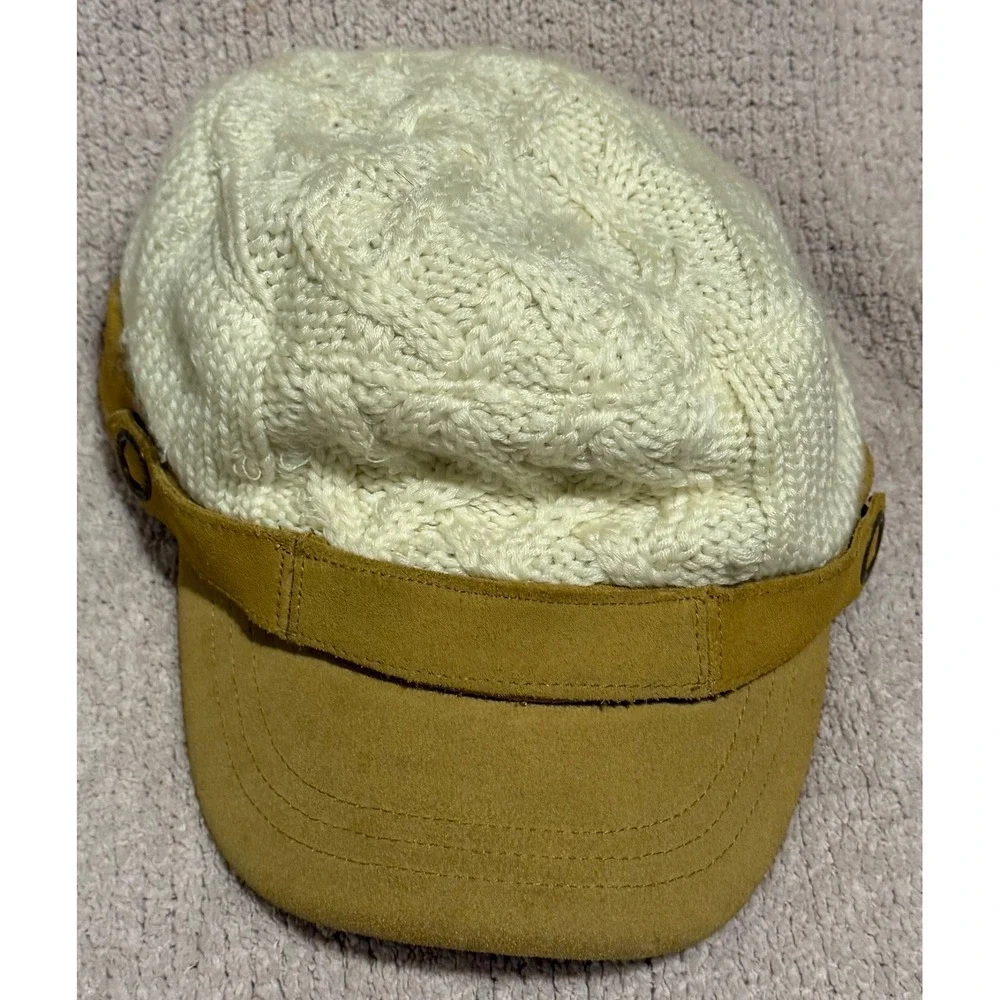 Cable Knit Newsboy Cap Ivory Tan Faux Suede Brim Baker Boy Cabbie Hat Women